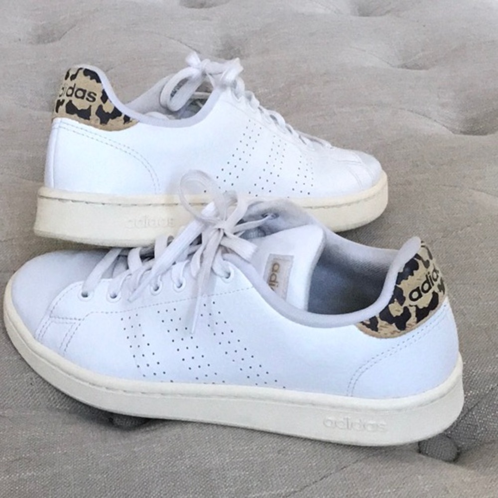 Adidas Advantage Leather Sneaker In White And Leopard Leather Size 8